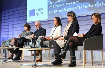 The panel discussing &lsquo;Empowering economics: Enabling an environment conducive to the full participation of women&rsquo;. Cathy Pieters is second from right and Sofia Sprechmann is in the middle.
