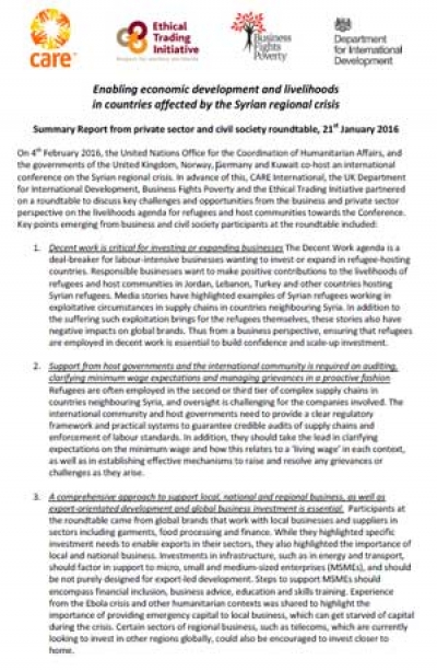 Enabling economic development and livelihoods in countries affected by the Syrian regional crisis