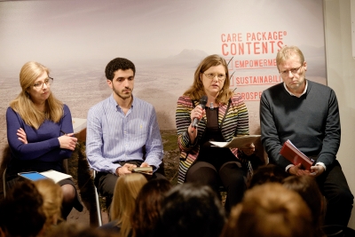 Speakers at the panel discussion: Sandrine Tiller (M&eacute;decins sans Fronti&egrave;res), Ibrahim Olabi (Syrian Legal Development Programme), Rachael Beaven (DFID), Maurice Wren (British Refugee Council)