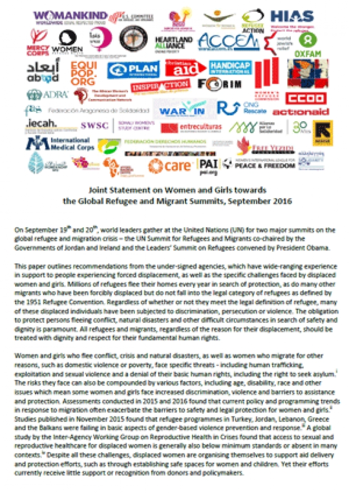 Joint Statement on Women and Girls towards the Global Refugee and Migrant Summits, September 2016